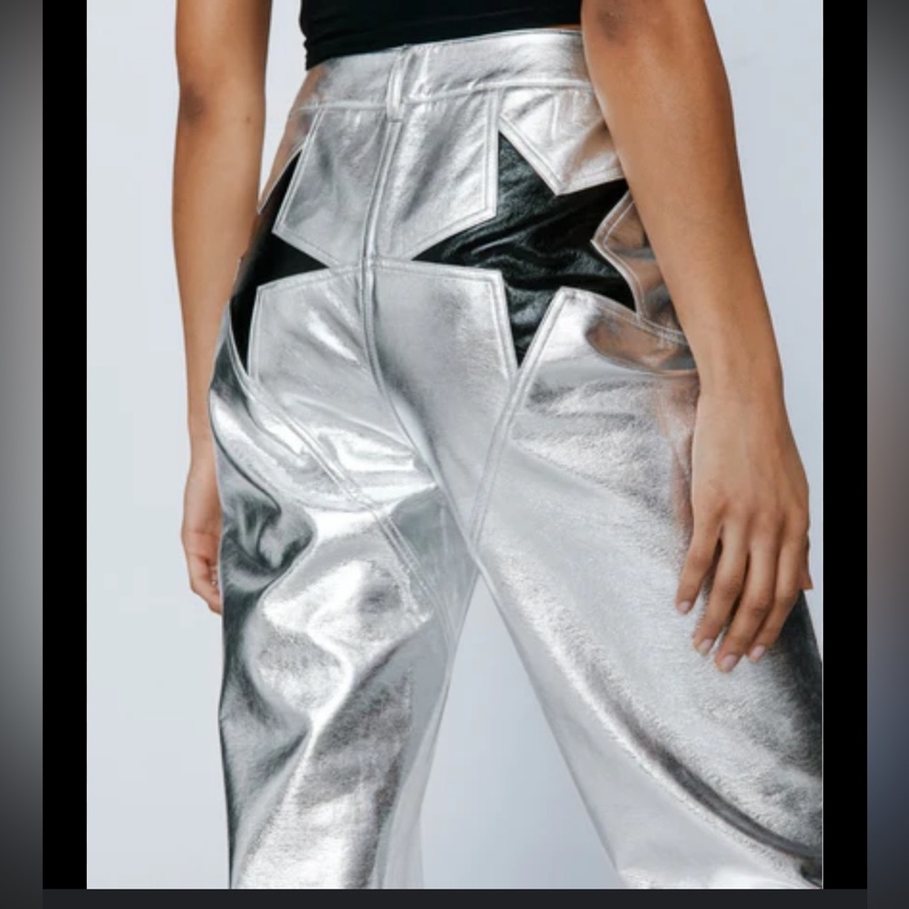 Nasty Gal Metallic Silver Star Pocket Flare Pants Women US 6